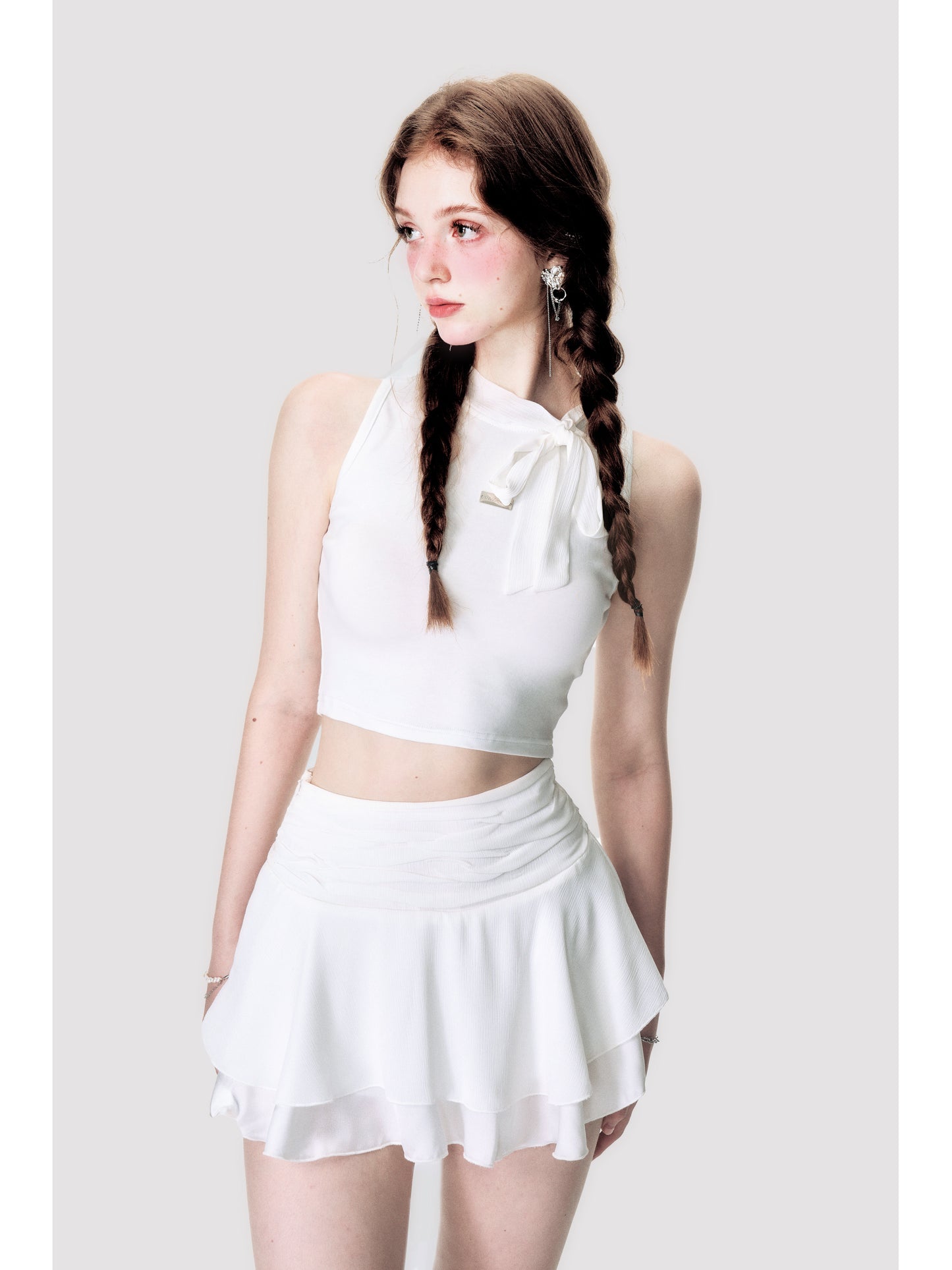 Sleeveless Crop Top With Scarf Detail And Matching Skirt