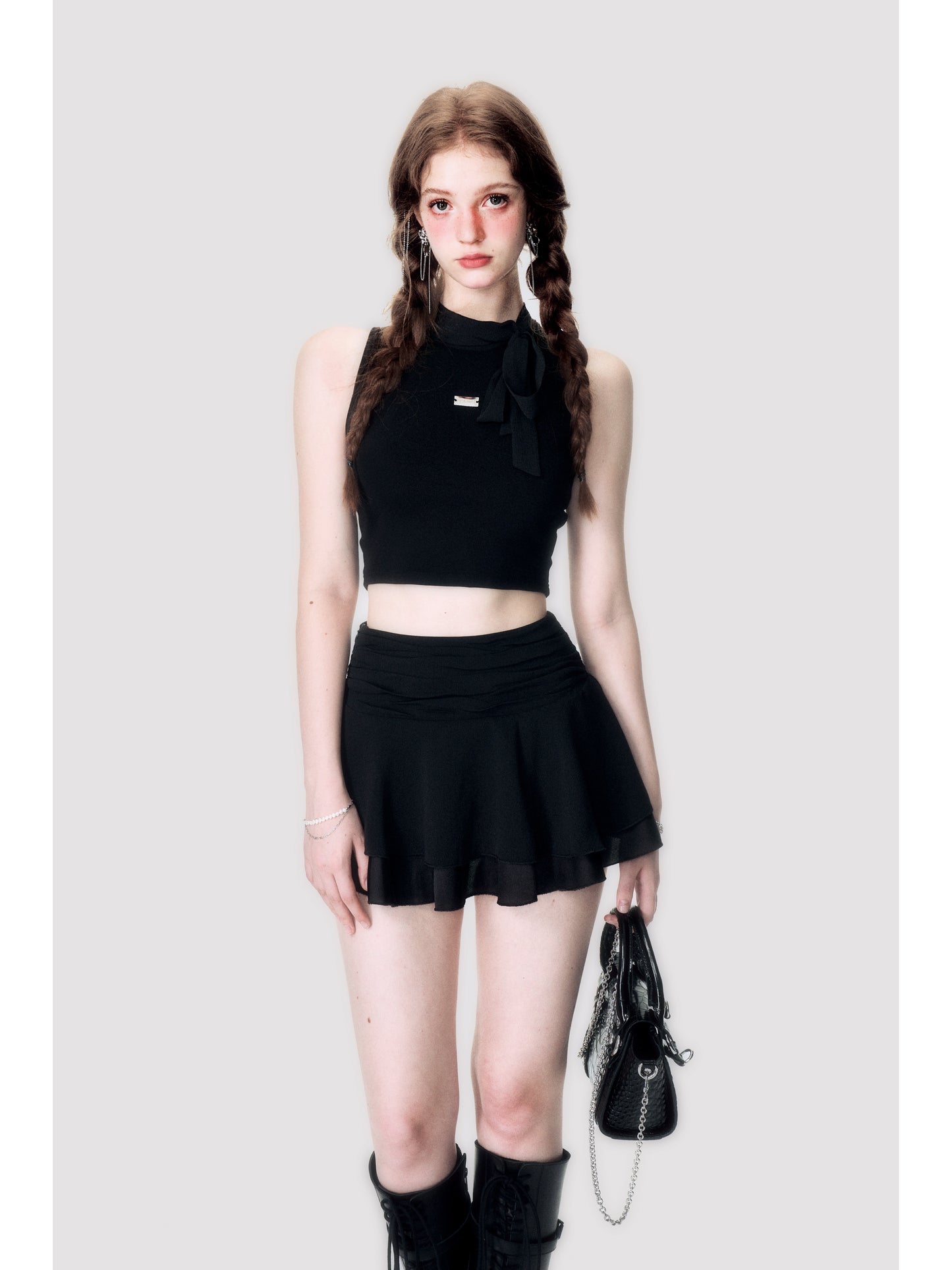 Sleeveless Crop Top With Scarf Detail And Matching Skirt