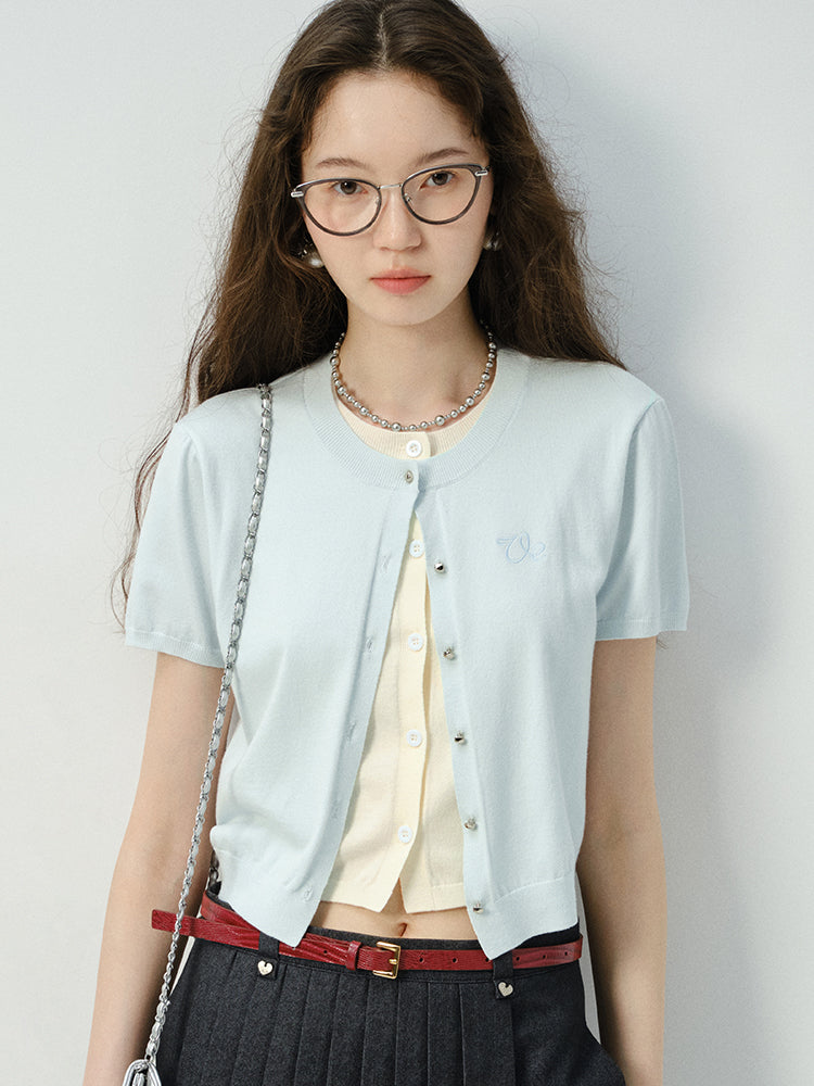 Two-Tone Layered Button-Up Knit Top