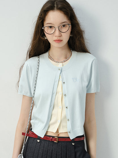 Two-Tone Layered Button-Up Knit Top