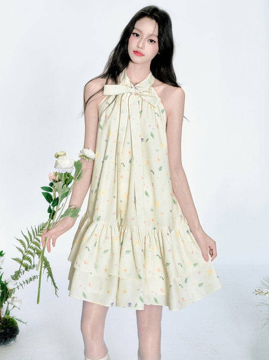 Sleeveless Floral Tiered Dress With Tie Neck