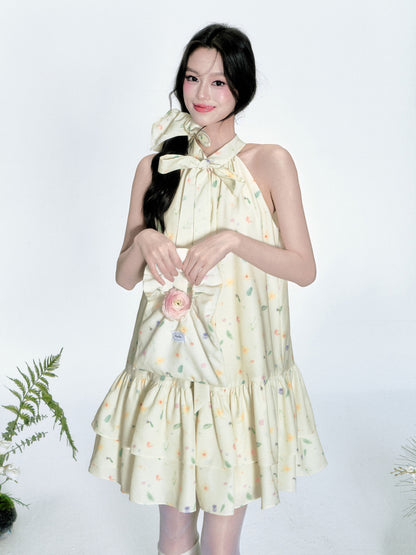Sleeveless Floral Tiered Dress With Tie Neck