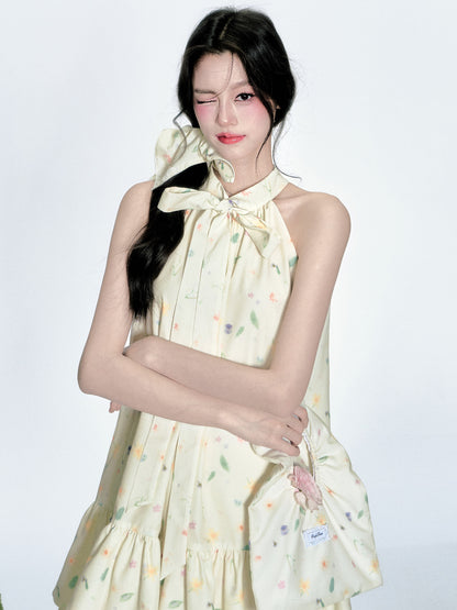 Sleeveless Floral Tiered Dress With Tie Neck