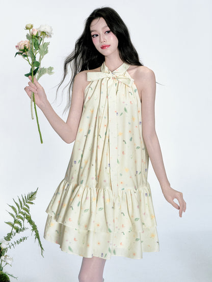 Sleeveless Floral Tiered Dress With Tie Neck