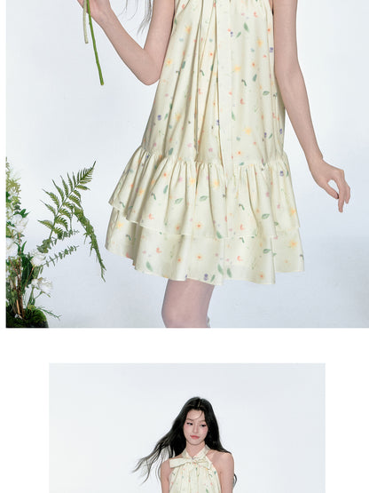 Sleeveless Floral Tiered Dress With Tie Neck