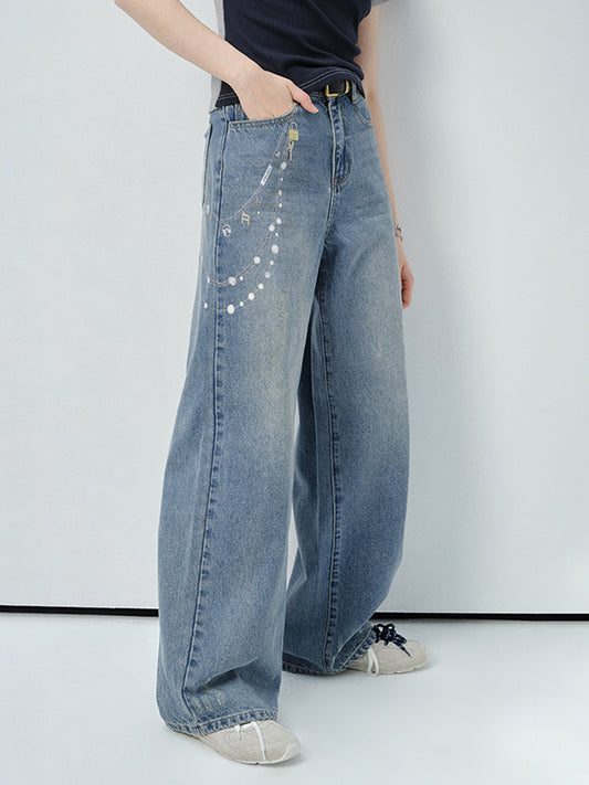 Chain Printed Wide-Leg Jeans