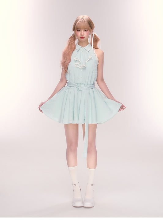 Sleeveless Belted Shirt Dress With Jabot Detail