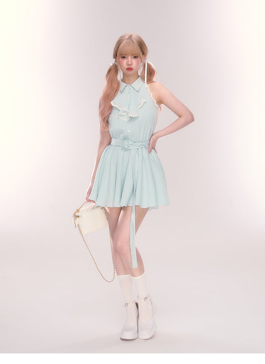 Sleeveless Belted Shirt Dress With Jabot Detail