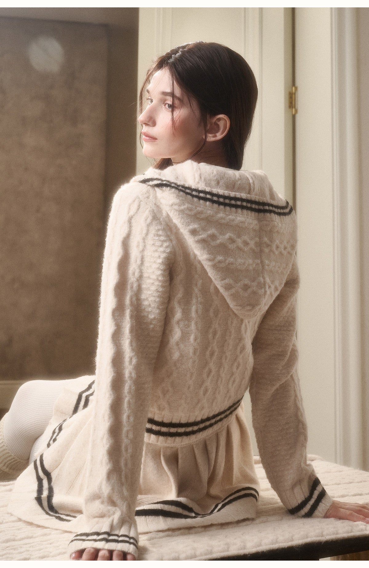 Preppy Cable Knit Zip-Up Top & Pleated Skirt