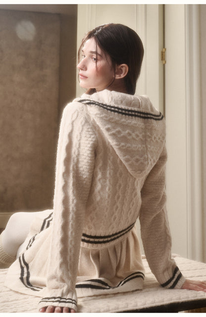 Preppy Cable Knit Zip-Up Top & Pleated Skirt