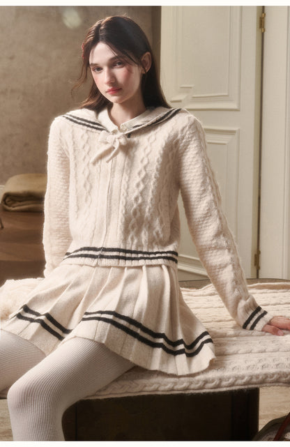 Preppy Cable Knit Zip-Up Top & Pleated Skirt