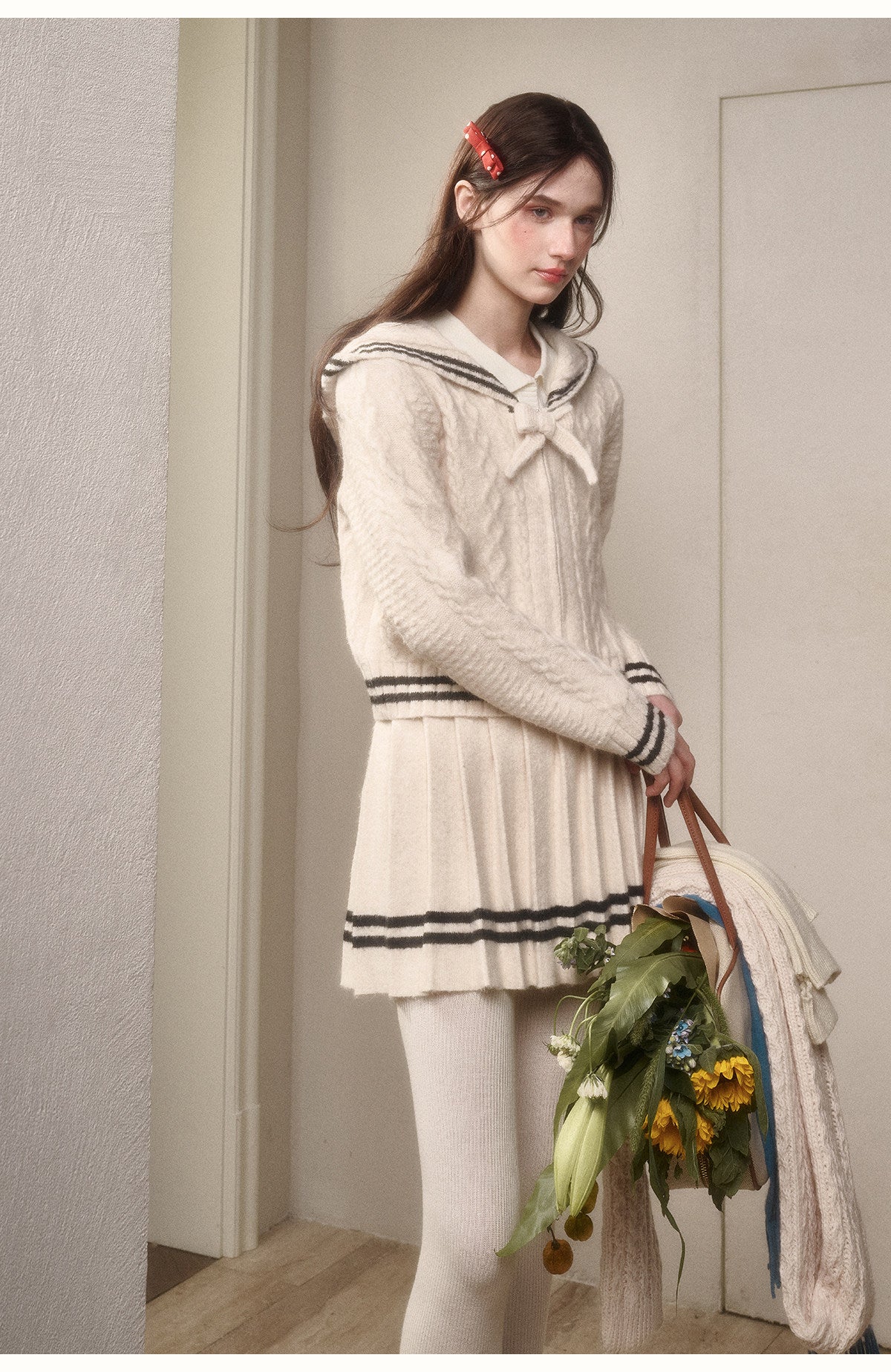 Preppy Cable Knit Zip-Up Top & Pleated Skirt