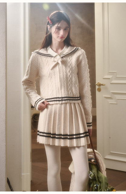 Preppy Cable Knit Zip-Up Top & Pleated Skirt