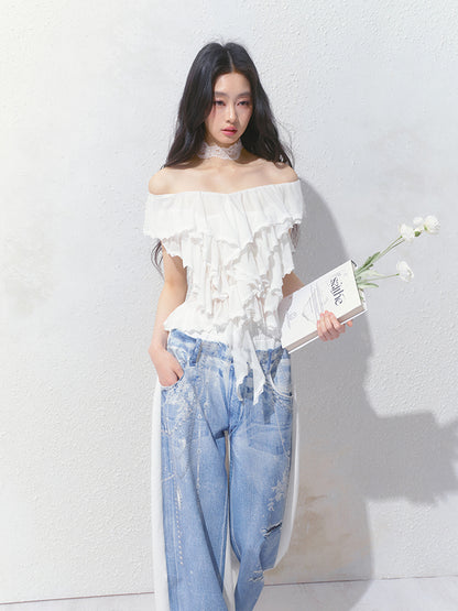 Floor-Length Sweatpants With Denim Print On One Side