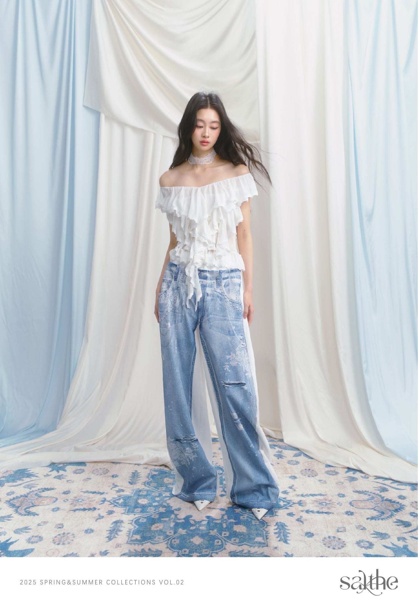 Floor-Length Sweatpants With Denim Print On One Side