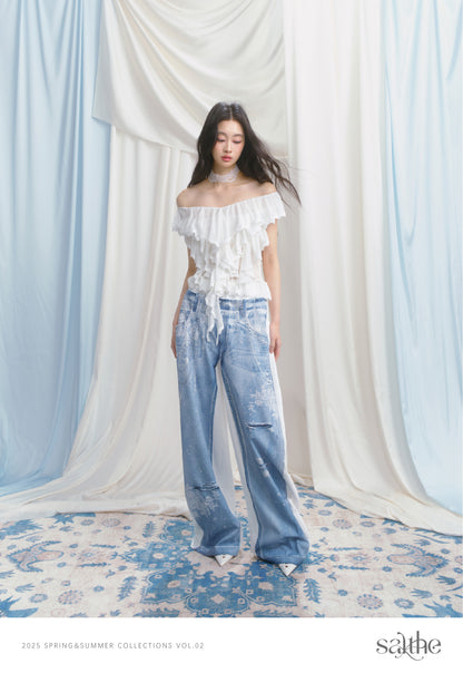Floor-Length Sweatpants With Denim Print On One Side