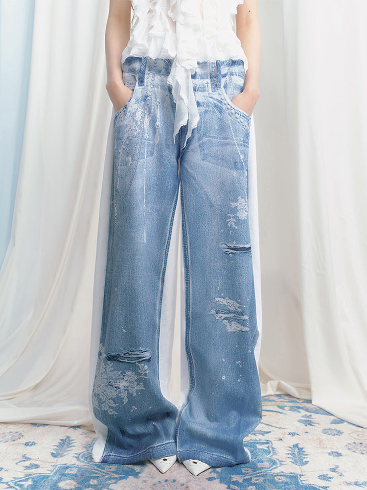Floor-Length Sweatpants With Denim Print On One Side