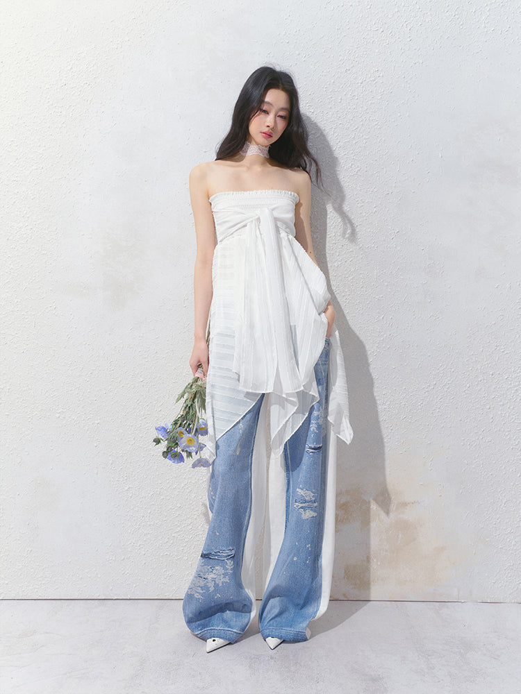 Floor-Length Sweatpants With Denim Print On One Side