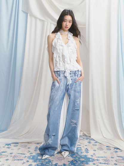 Floor-Length Sweatpants With Denim Print On One Side