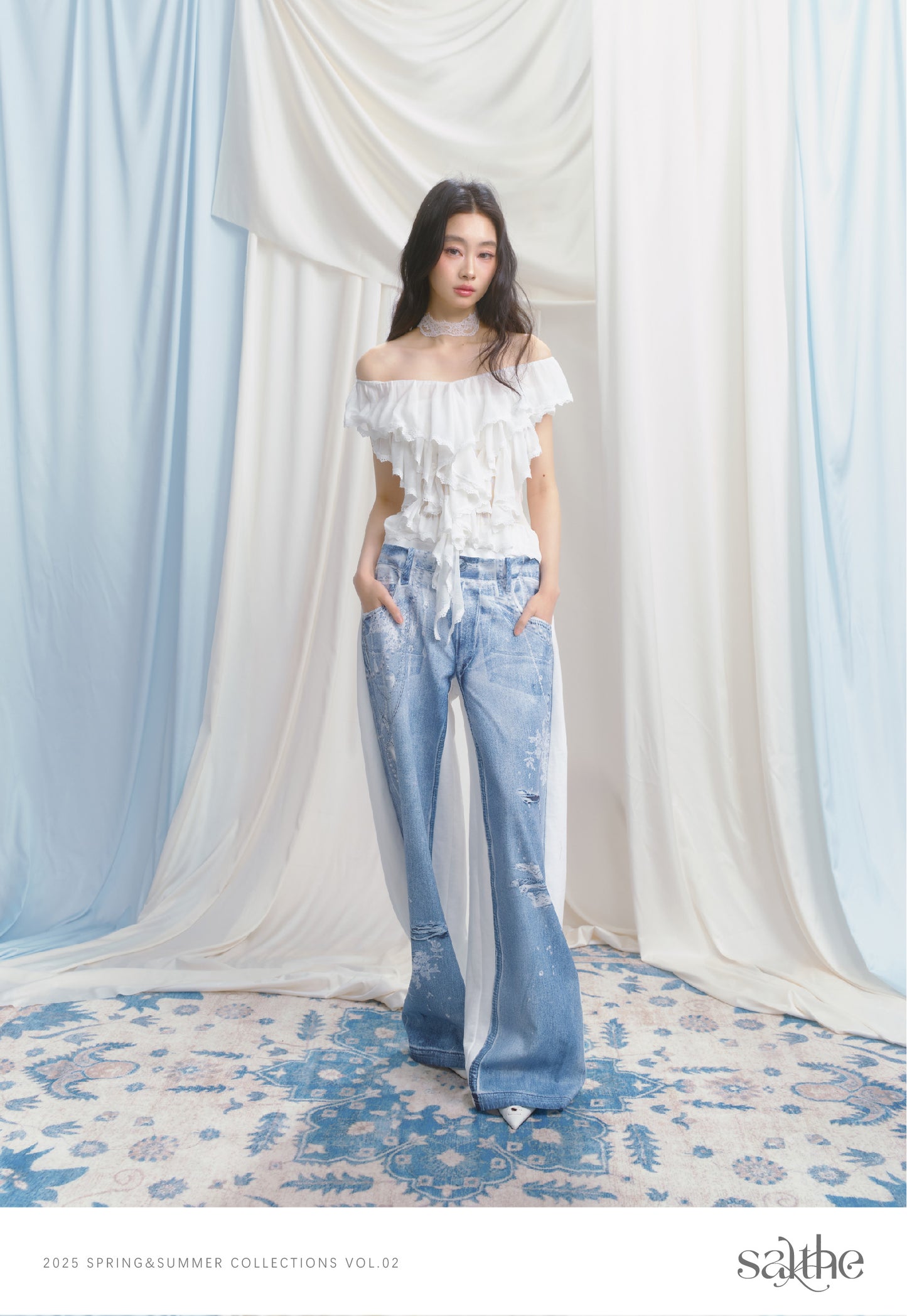 Floor-Length Sweatpants With Denim Print On One Side