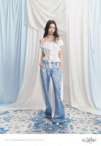 Floor-Length Sweatpants With Denim Print On One Side