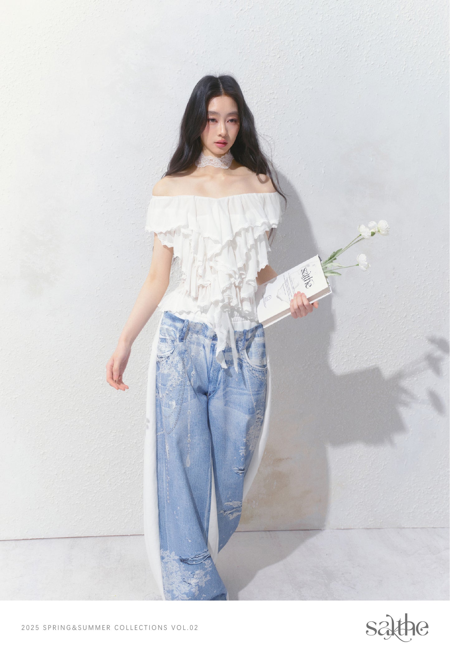 Floor-Length Sweatpants With Denim Print On One Side