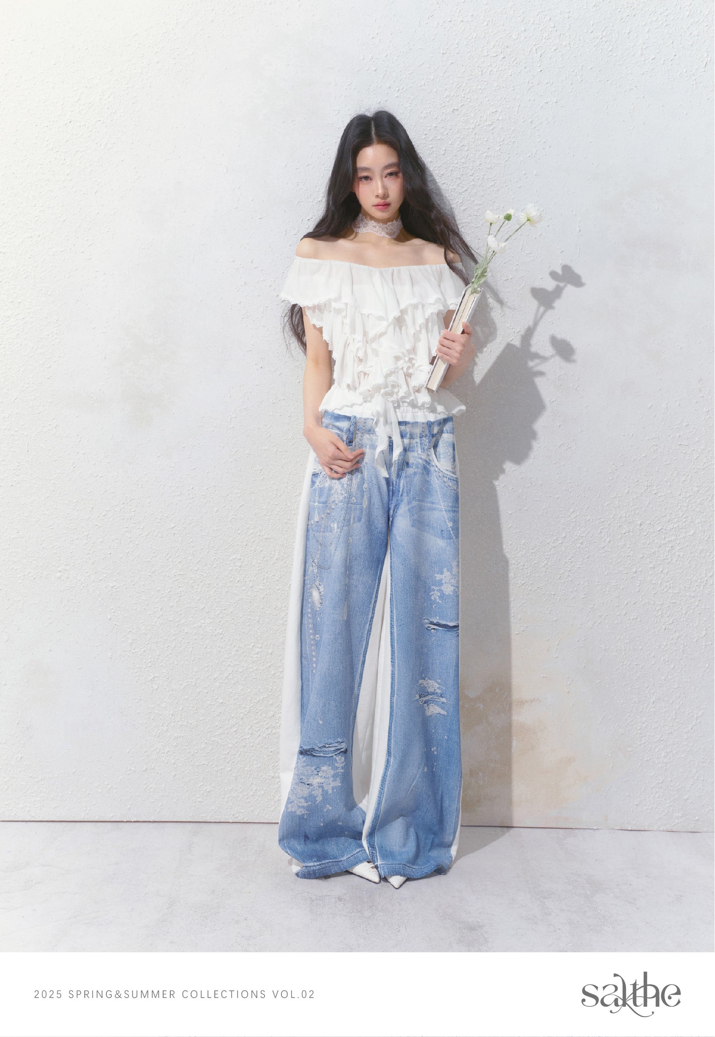 Floor-Length Sweatpants With Denim Print On One Side