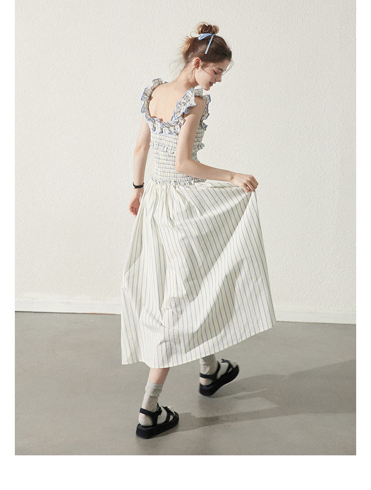 Striped Cotton Smocked Dress With Ruffled Neckline