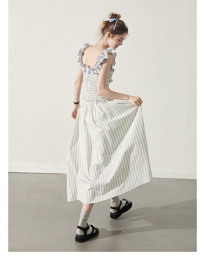 Striped Cotton Smocked Dress With Ruffled Neckline
