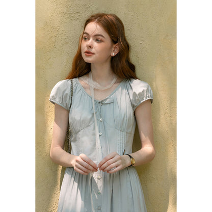 Button-Front Puff-Sleeve Tiered Dress With Gathers