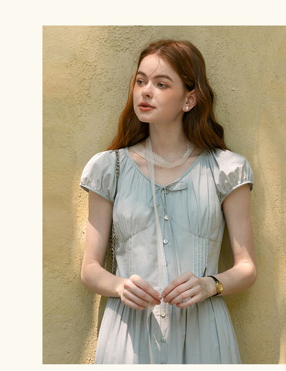 Button-Front Puff-Sleeve Tiered Dress With Gathers