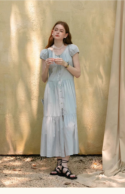 Button-Front Puff-Sleeve Tiered Dress With Gathers