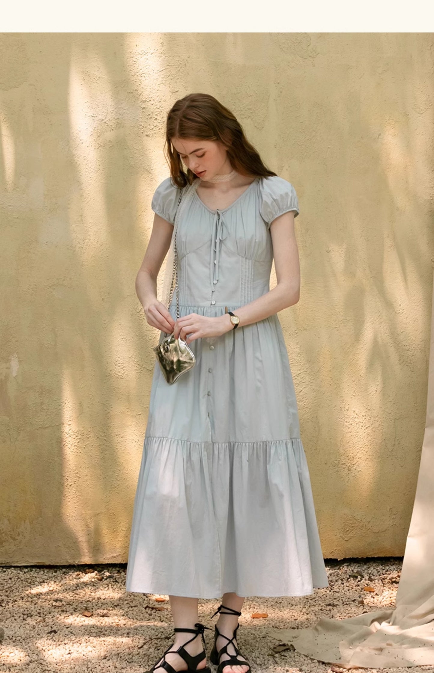 Button-Front Puff-Sleeve Tiered Dress With Gathers