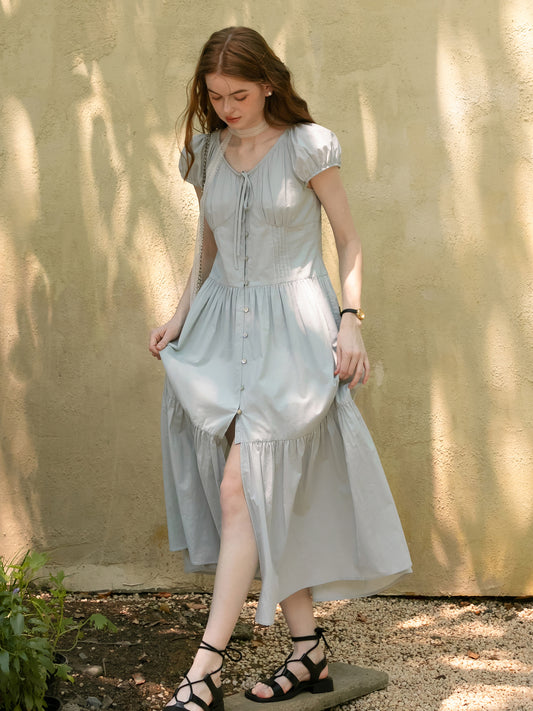 Button-Front Puff-Sleeve Tiered Dress With Gathers
