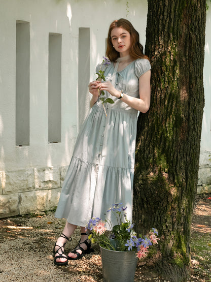 Button-Front Puff-Sleeve Tiered Dress With Gathers