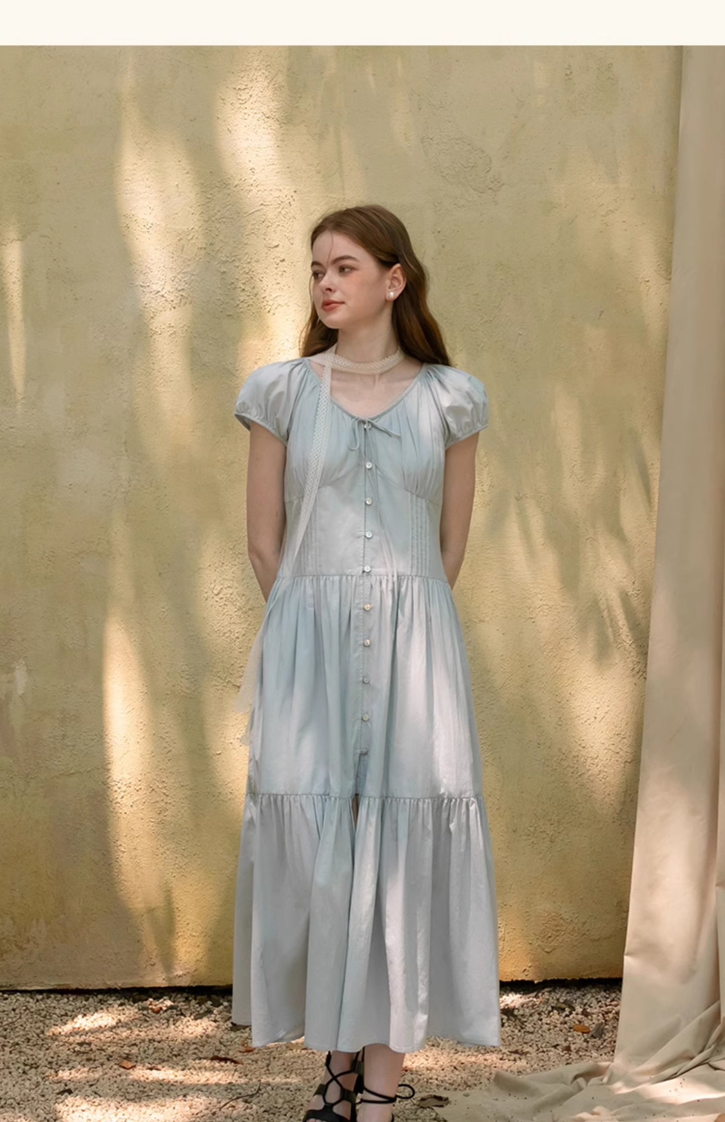Button-Front Puff-Sleeve Tiered Dress With Gathers