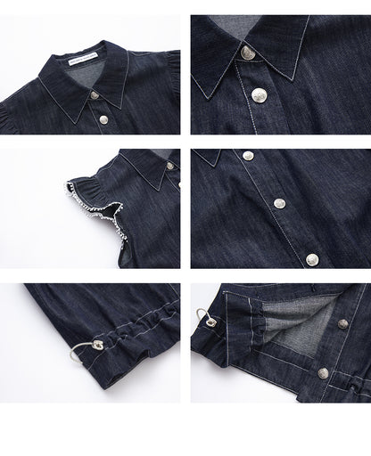 Denim Flutter-Sleeve Sleeveless Shirt & Mini Skirt