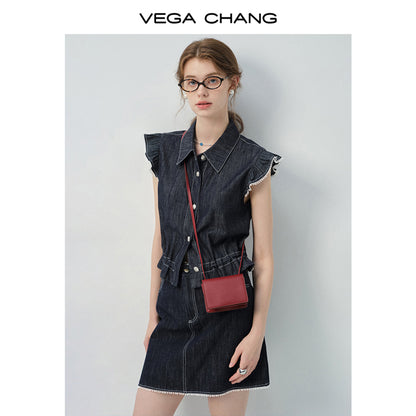Denim Flutter-Sleeve Sleeveless Shirt & Mini Skirt