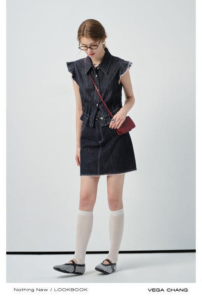 Denim Flutter-Sleeve Sleeveless Shirt & Mini Skirt