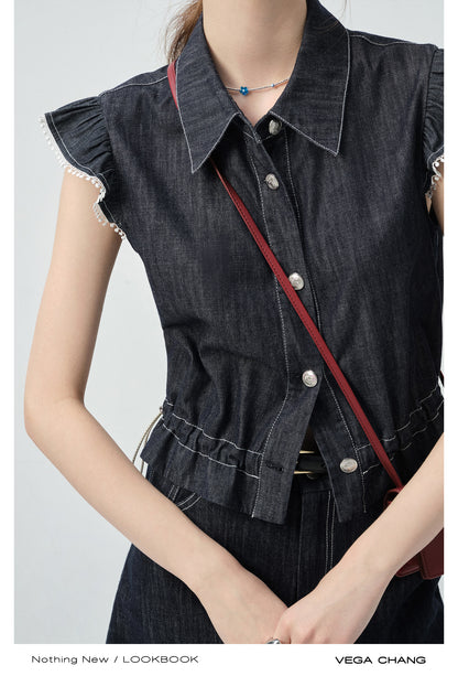 Denim Flutter-Sleeve Sleeveless Shirt & Mini Skirt