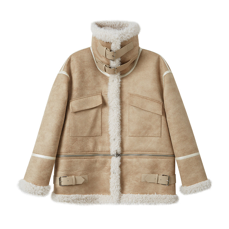 Detachable Hem Faux Shearling Leather Effect Jacket