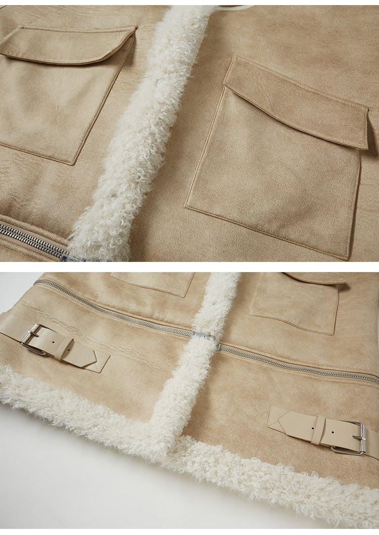 Detachable Hem Faux Shearling Leather Effect Jacket