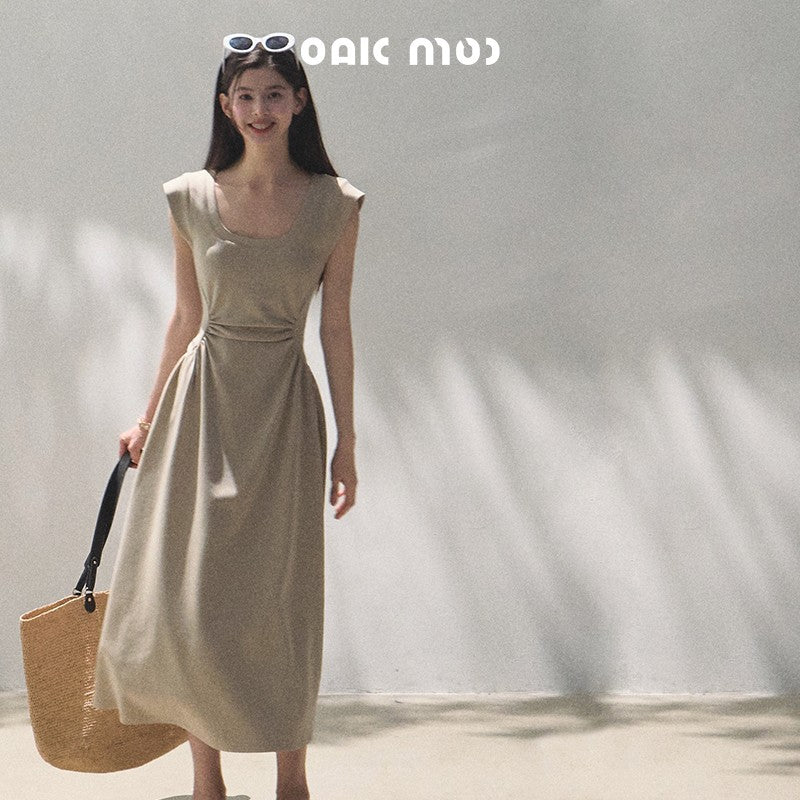 Scoop Neck Zip-Up Draped Dress In 2 Lengths