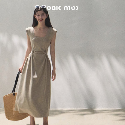 Scoop Neck Zip-Up Draped Dress In 2 Lengths