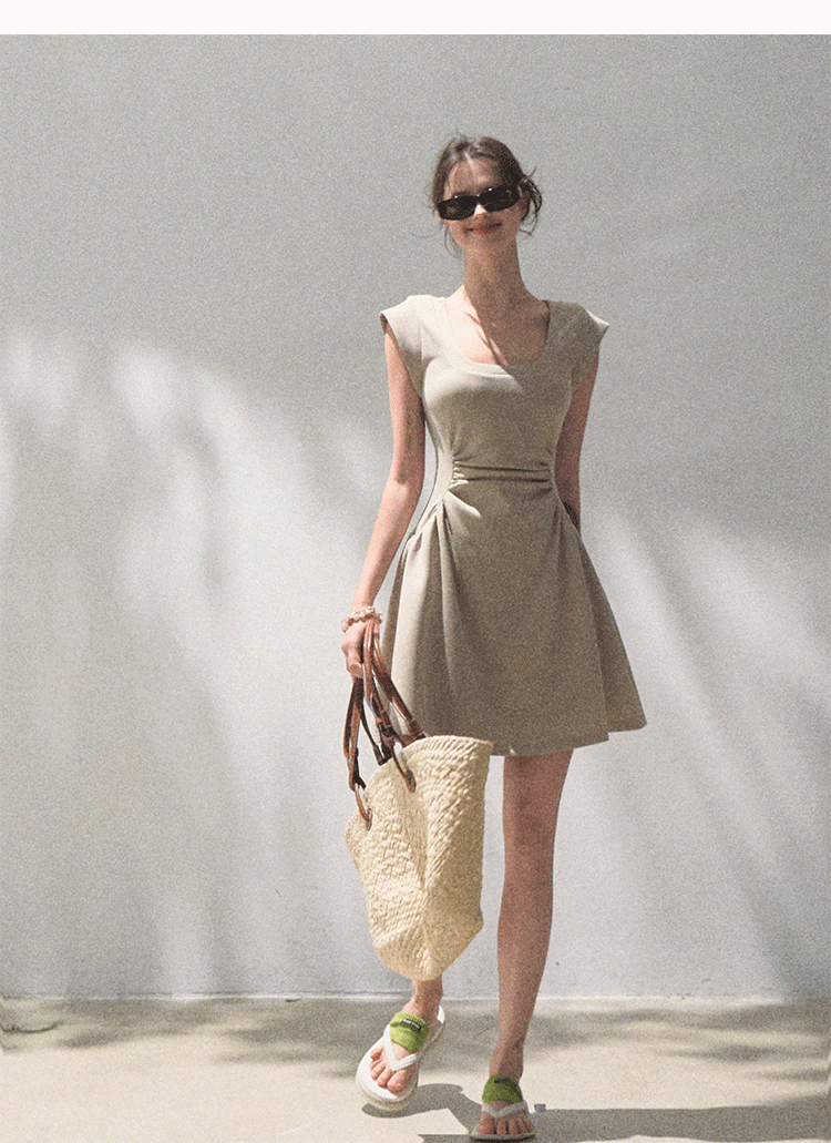 Scoop Neck Zip-Up Draped Dress In 2 Lengths
