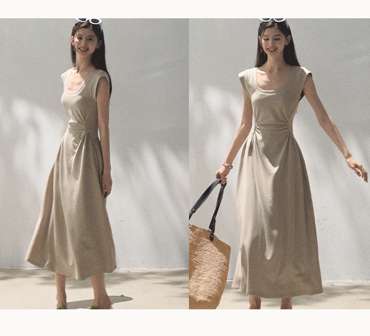Scoop Neck Zip-Up Draped Dress In 2 Lengths