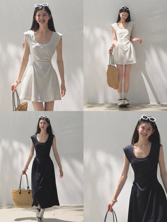 Scoop Neck Zip-Up Draped Dress In 2 Lengths