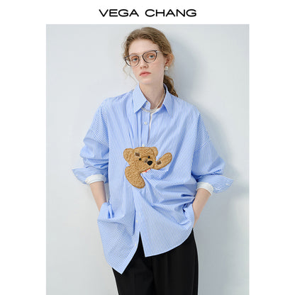 Playful Bear Motif Striped Shirt