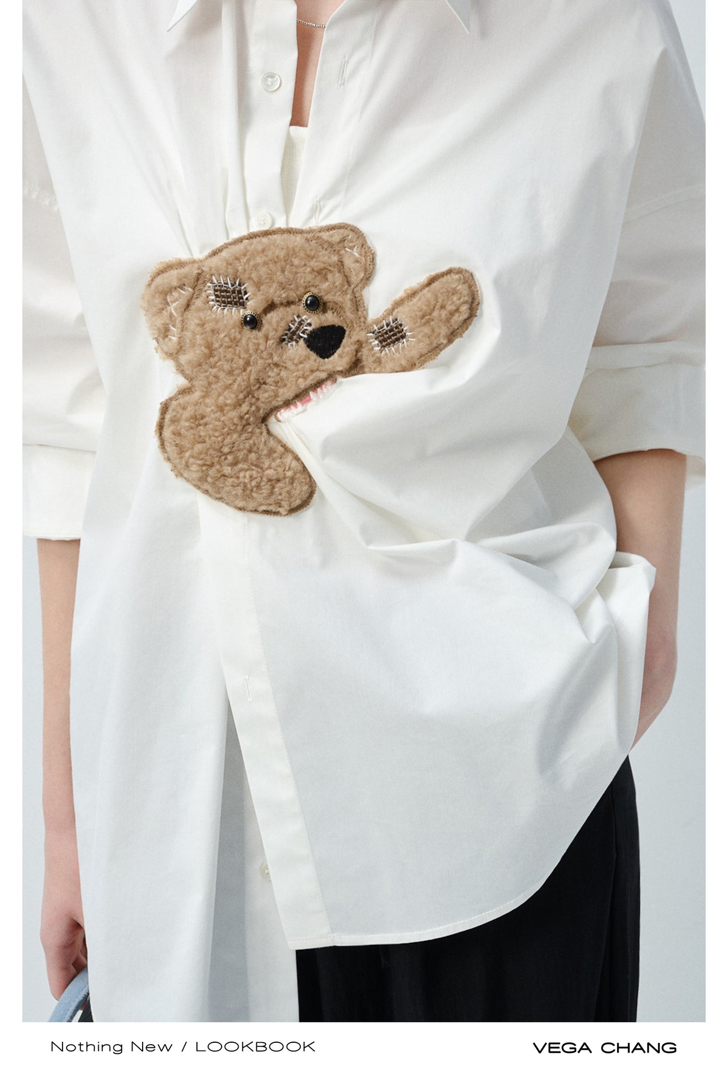 Playful Bear Motif Striped Shirt