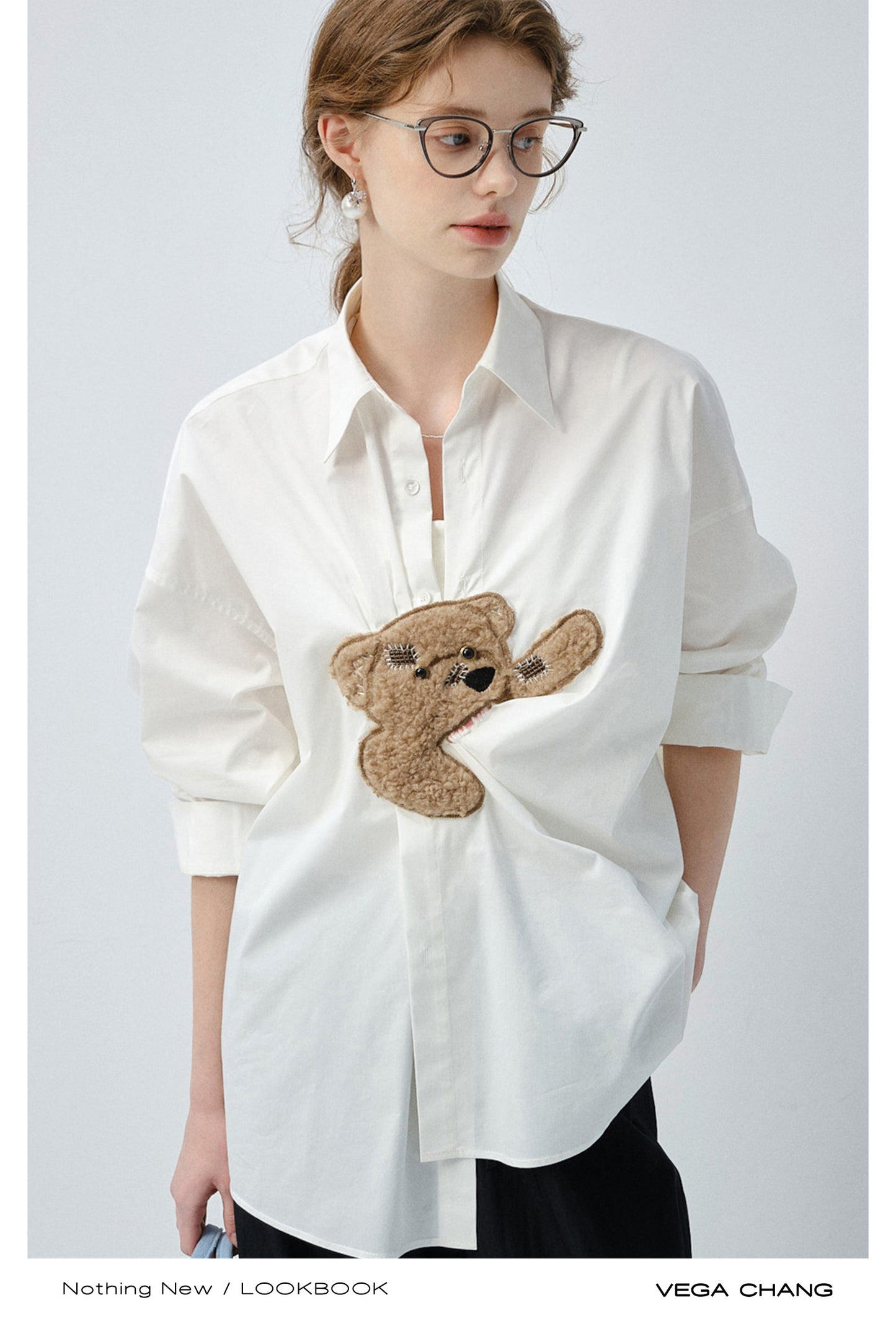 Playful Bear Motif Striped Shirt
